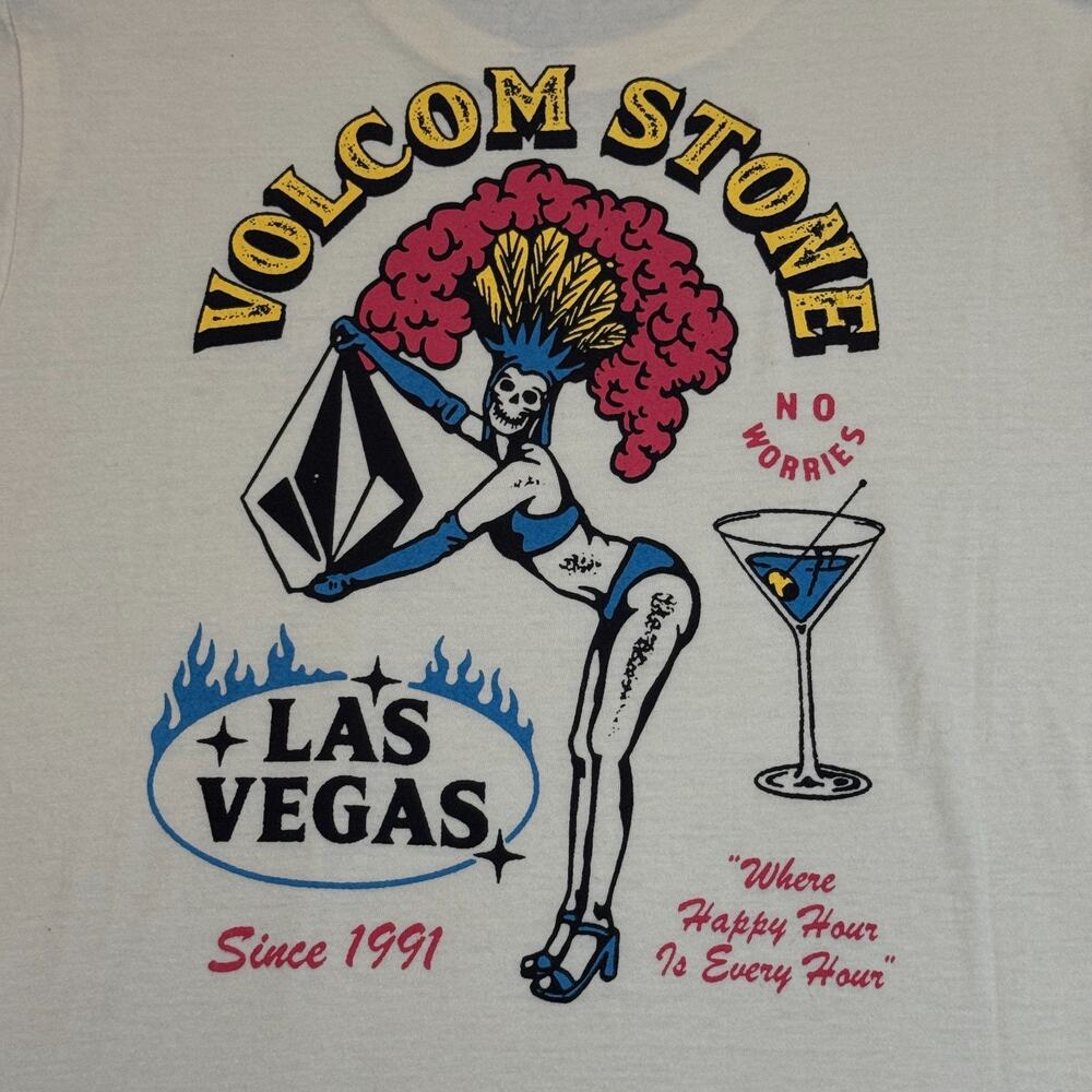 Volcom Stone Men's Las Vegas Showgirl T-Shirt Small Cream Skeleton Graphic NWT